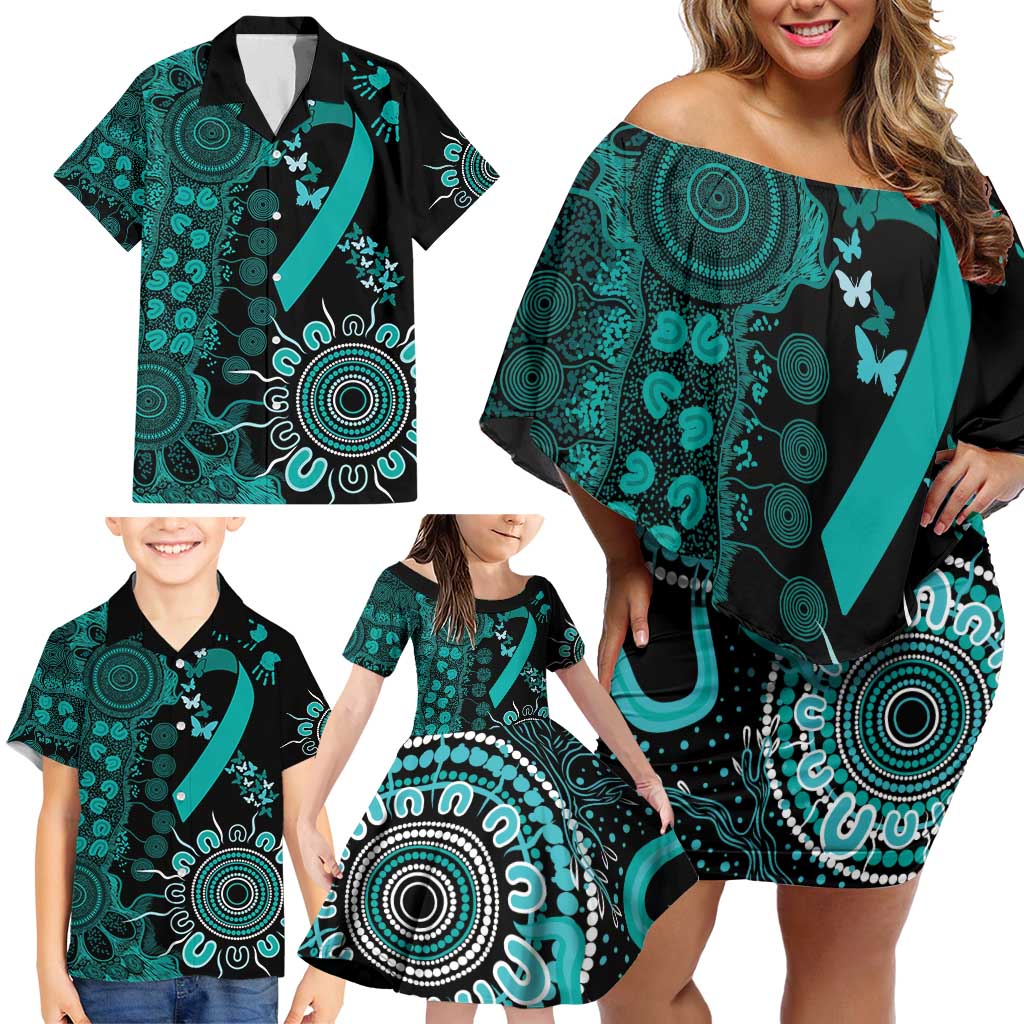 Ovarian Cancer Awareness Personalised Family Matching Off Shoulder Short Dress and Hawaiian Shirt Aboriginal Ribbon Dot Painting