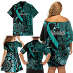 Ovarian Cancer Awareness Personalised Family Matching Off Shoulder Short Dress and Hawaiian Shirt Aboriginal Ribbon Dot Painting
