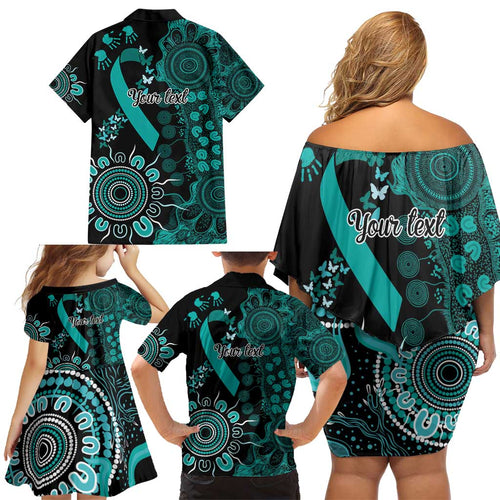 Ovarian Cancer Awareness Personalised Family Matching Off Shoulder Short Dress and Hawaiian Shirt Aboriginal Ribbon Dot Painting