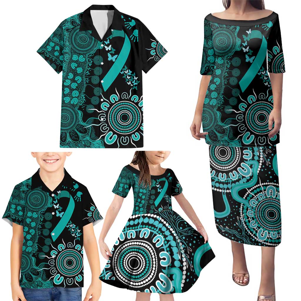 Ovarian Cancer Awareness Personalised Family Matching Puletasi and Hawaiian Shirt Aboriginal Ribbon Dot Painting