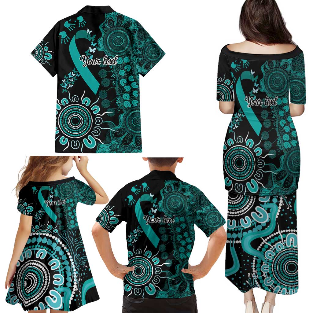 Ovarian Cancer Awareness Personalised Family Matching Puletasi and Hawaiian Shirt Aboriginal Ribbon Dot Painting