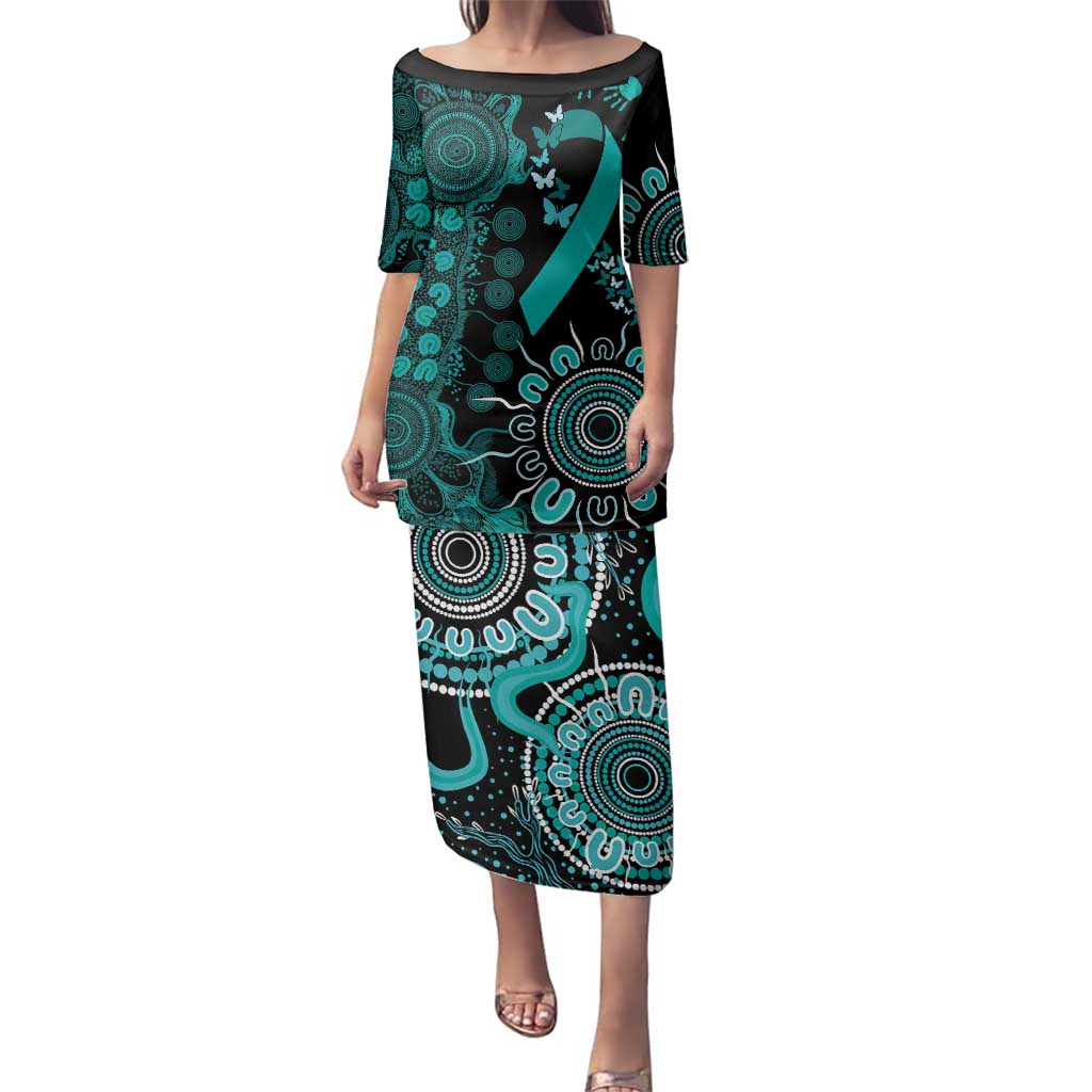 Ovarian Cancer Awareness Personalised Family Matching Puletasi and Hawaiian Shirt Aboriginal Ribbon Dot Painting