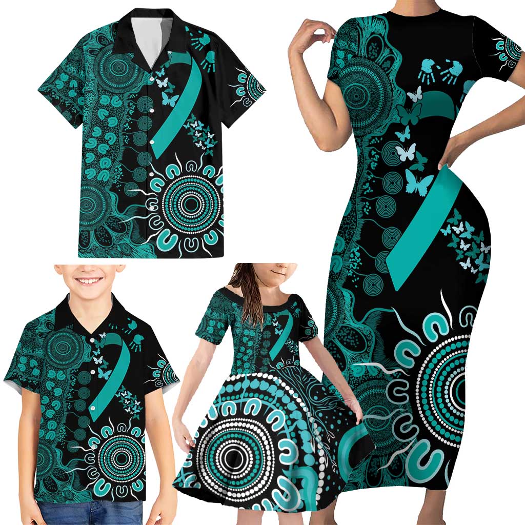 Ovarian Cancer Awareness Personalised Family Matching Short Sleeve Bodycon Dress and Hawaiian Shirt Aboriginal Ribbon Dot Painting