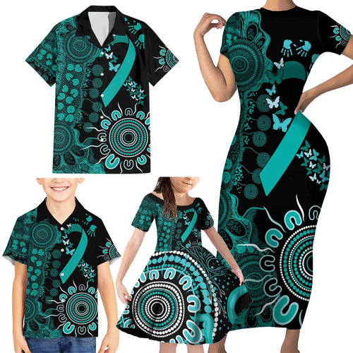 Ovarian Cancer Awareness Personalised Family Matching Short Sleeve Bodycon Dress and Hawaiian Shirt Aboriginal Ribbon Dot Painting