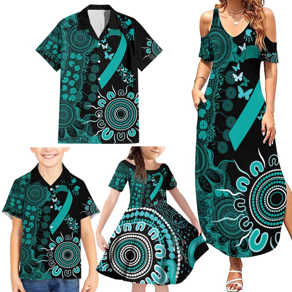 Ovarian Cancer Awareness Personalised Family Matching Summer Maxi Dress and Hawaiian Shirt Aboriginal Ribbon Dot Painting