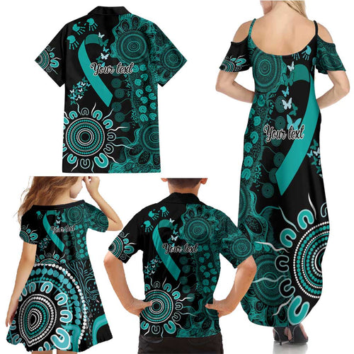 Ovarian Cancer Awareness Personalised Family Matching Summer Maxi Dress and Hawaiian Shirt Aboriginal Ribbon Dot Painting
