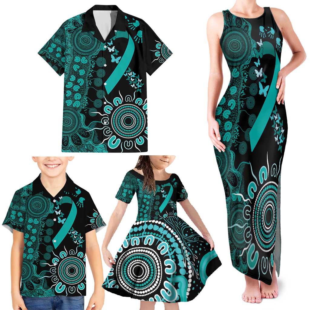 Ovarian Cancer Awareness Personalised Family Matching Tank Maxi Dress and Hawaiian Shirt Aboriginal Ribbon Dot Painting