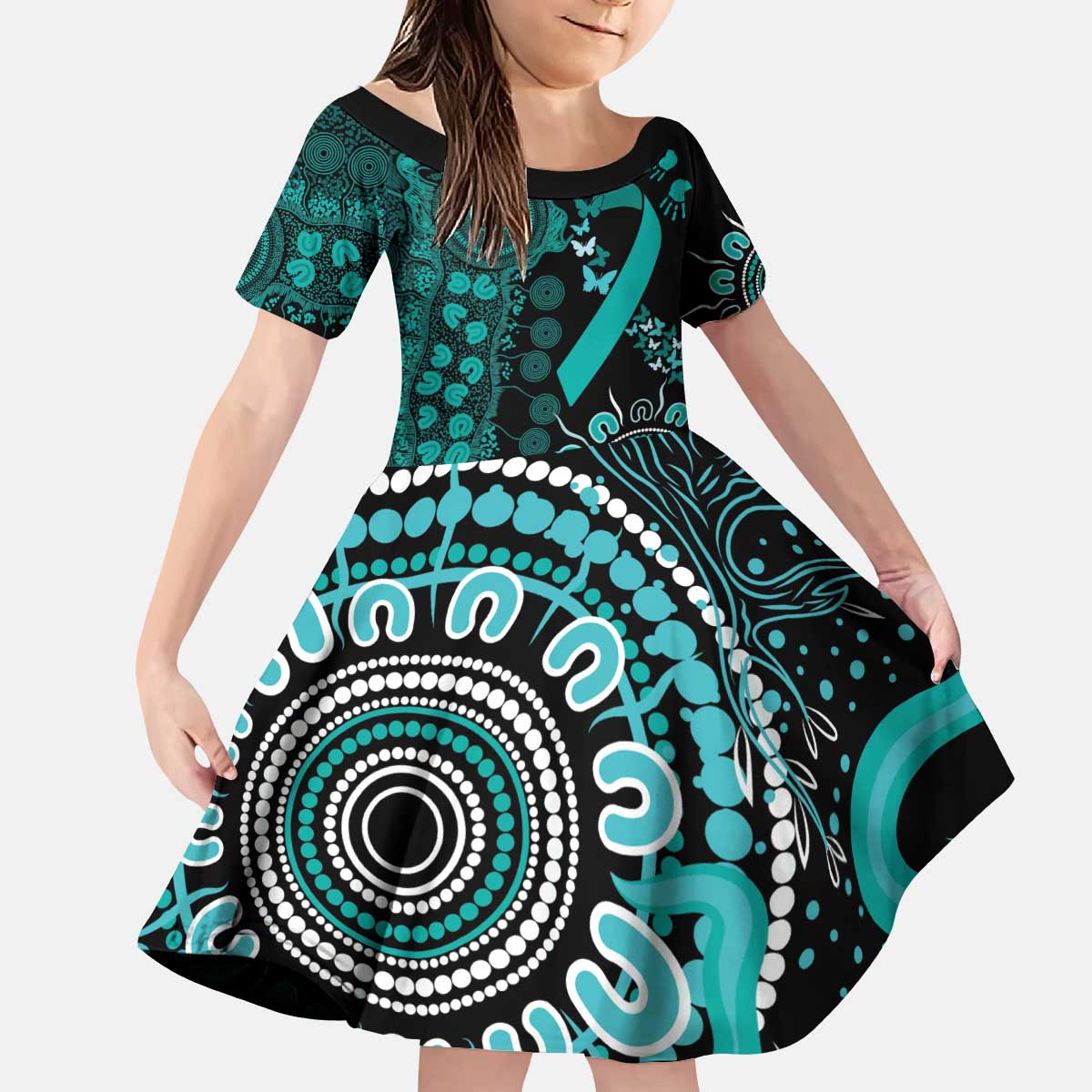 Ovarian Cancer Awareness Personalised Kid Short Sleeve Dress Aboriginal Ribbon Dot Painting