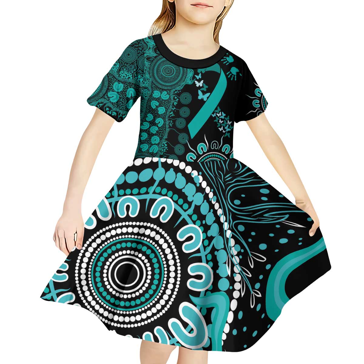 Ovarian Cancer Awareness Personalised Kid Short Sleeve Dress Aboriginal Ribbon Dot Painting