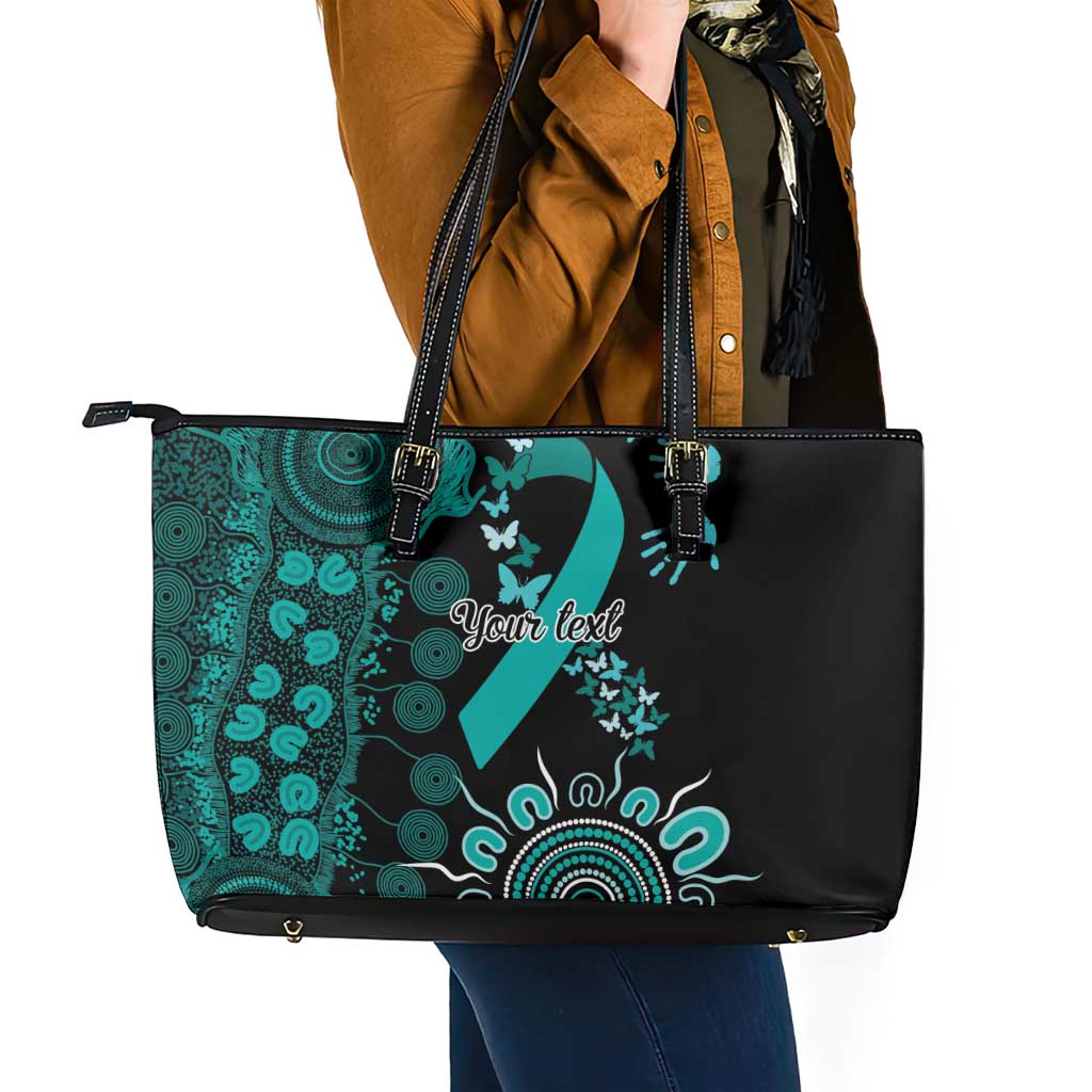 Ovarian Cancer Awareness Personalised Leather Tote Bag Aboriginal Ribbon Dot Painting