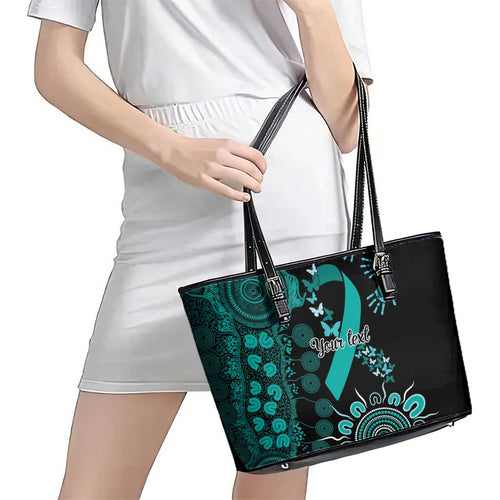 Ovarian Cancer Awareness Personalised Leather Tote Bag Aboriginal Ribbon Dot Painting