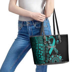 Ovarian Cancer Awareness Personalised Leather Tote Bag Aboriginal Ribbon Dot Painting