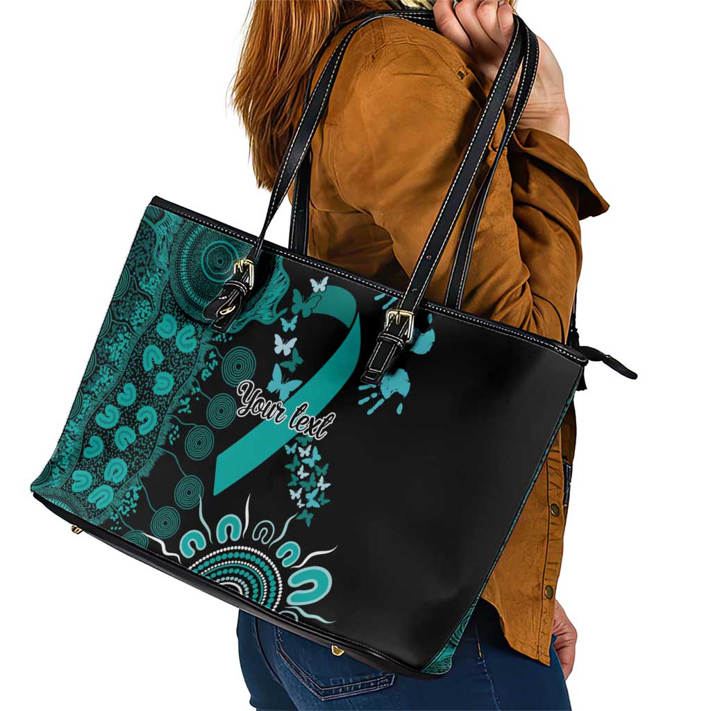 Ovarian Cancer Awareness Personalised Leather Tote Bag Aboriginal Ribbon Dot Painting