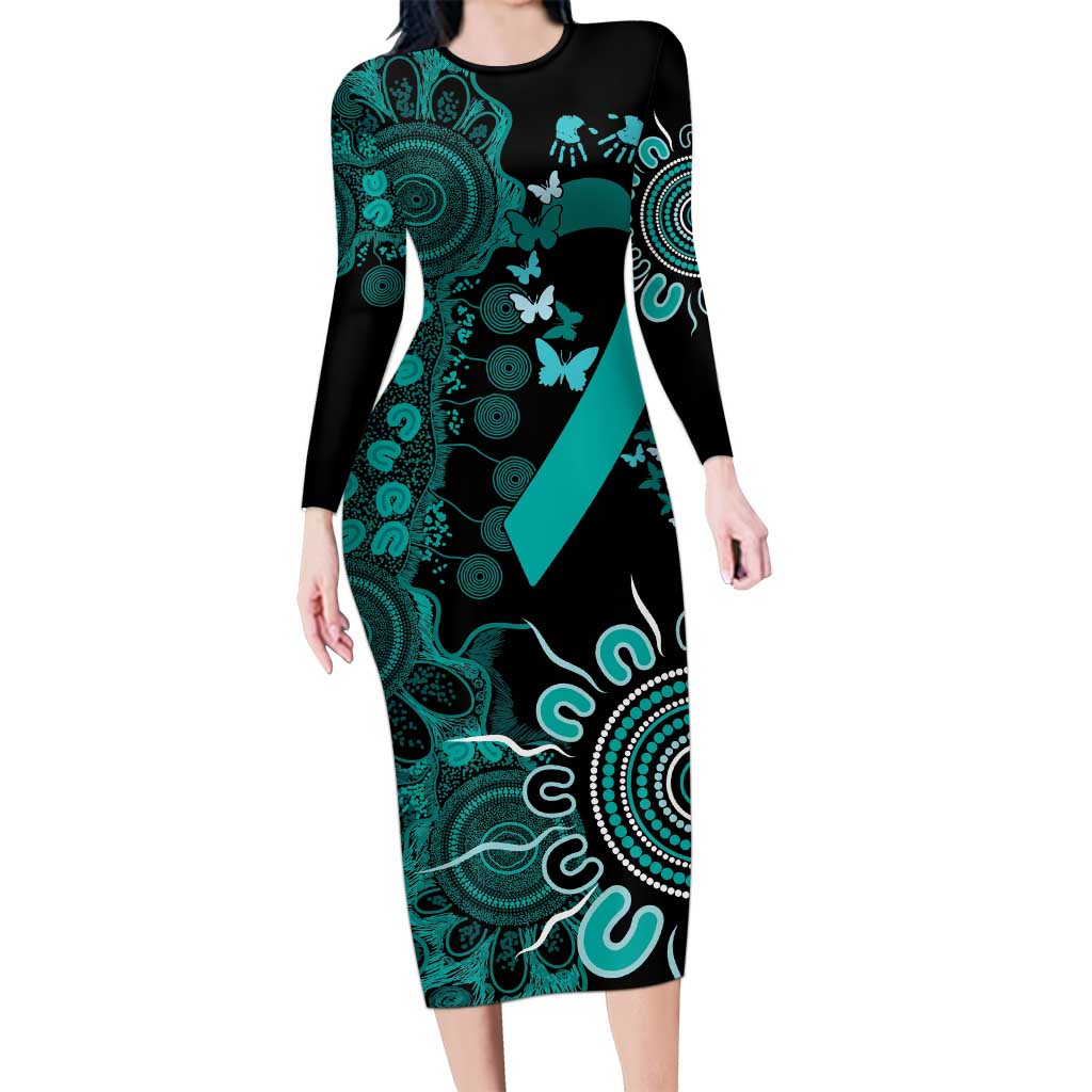 Ovarian Cancer Awareness Personalised Long Sleeve Bodycon Dress Aboriginal Ribbon Dot Painting