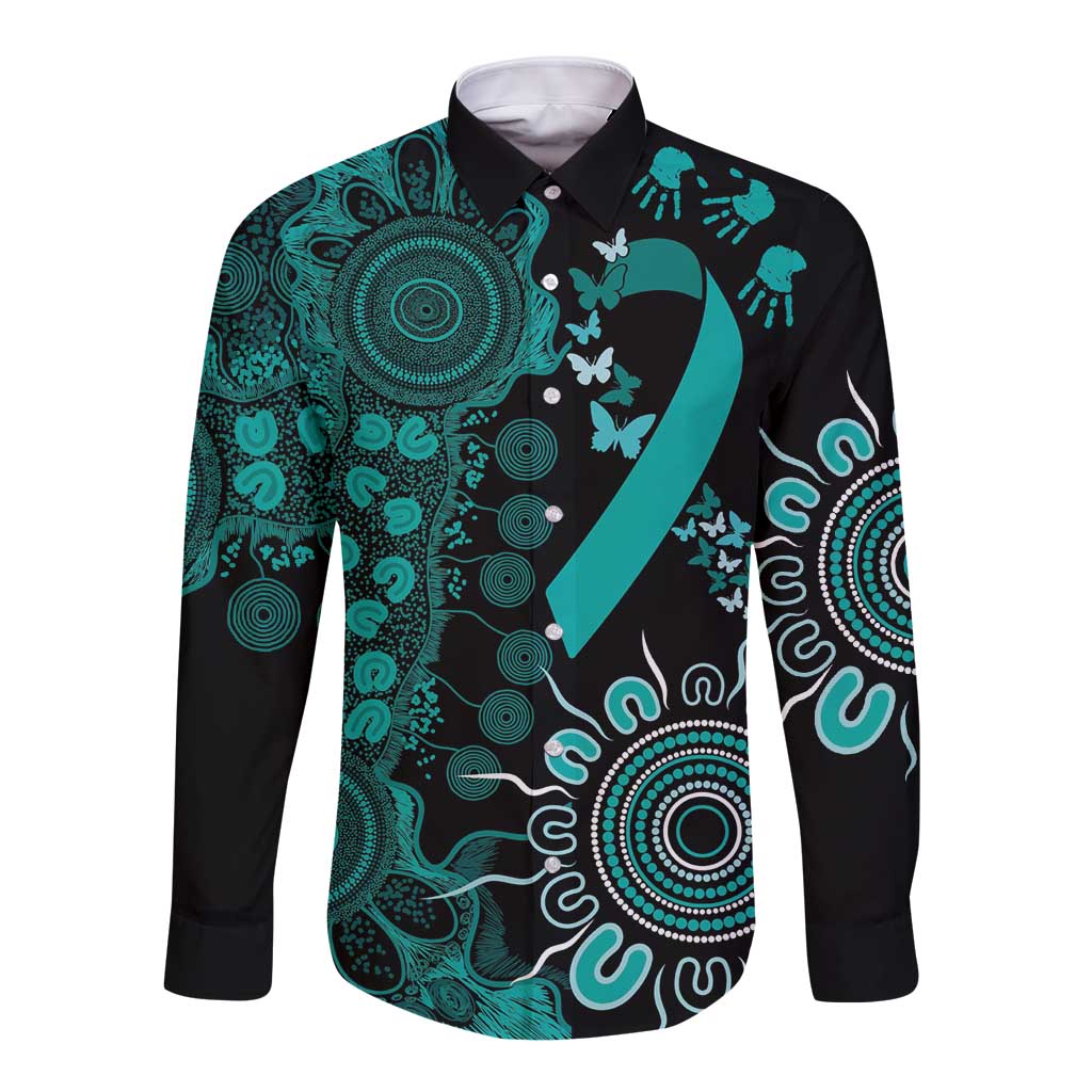 Ovarian Cancer Awareness Personalised Long Sleeve Button Shirt Aboriginal Ribbon Dot Painting