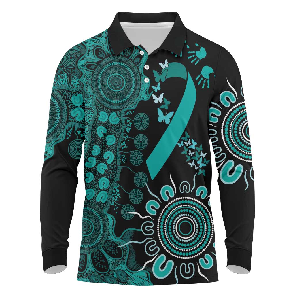 Ovarian Cancer Awareness Personalised Long Sleeve Polo Shirt Aboriginal Ribbon Dot Painting