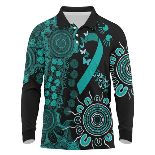 Ovarian Cancer Awareness Personalised Long Sleeve Polo Shirt Aboriginal Ribbon Dot Painting