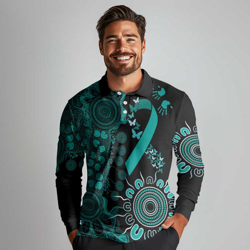 Ovarian Cancer Awareness Personalised Long Sleeve Polo Shirt Aboriginal Ribbon Dot Painting