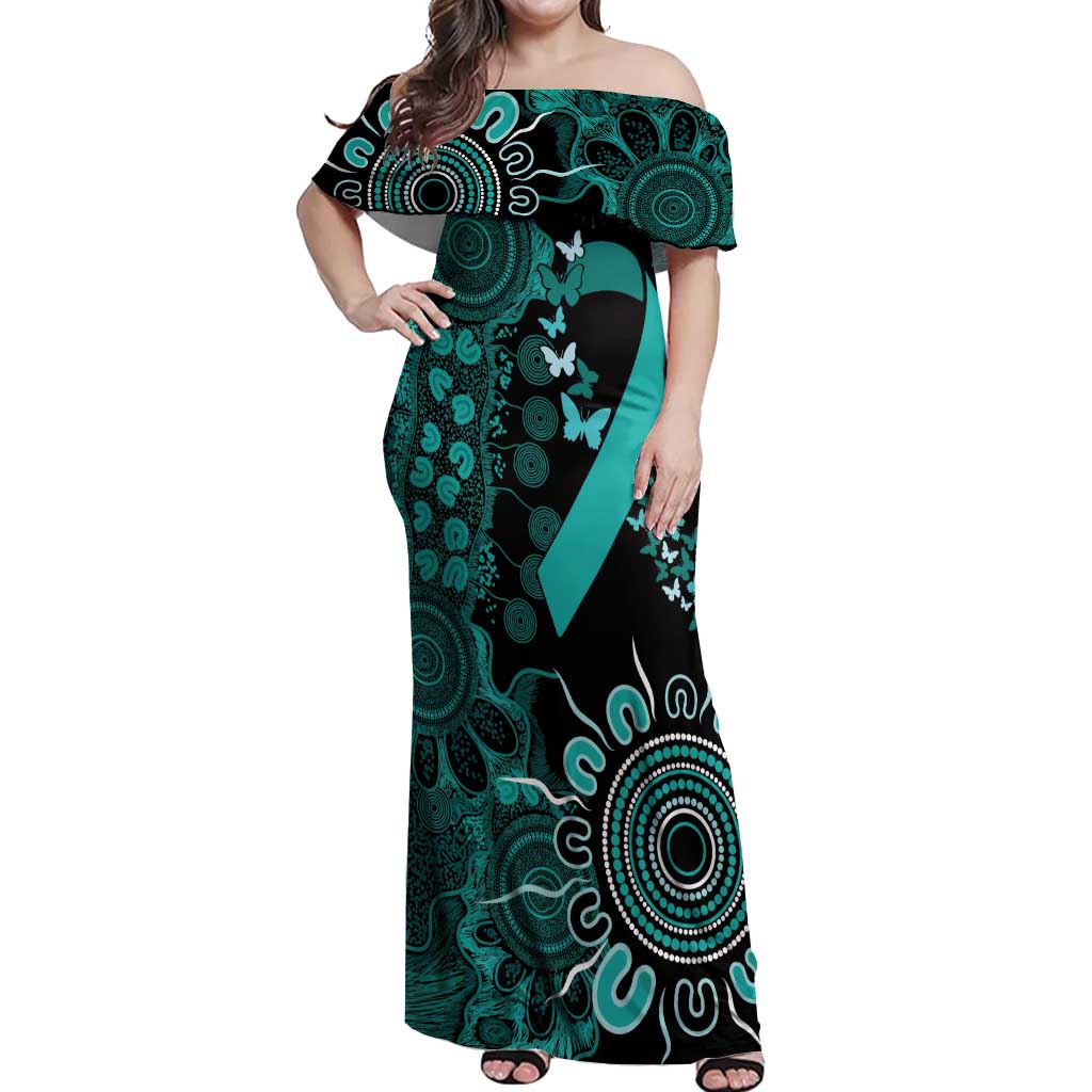 Ovarian Cancer Awareness Personalised Off Shoulder Maxi Dress Aboriginal Ribbon Dot Painting