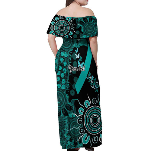 Ovarian Cancer Awareness Personalised Off Shoulder Maxi Dress Aboriginal Ribbon Dot Painting