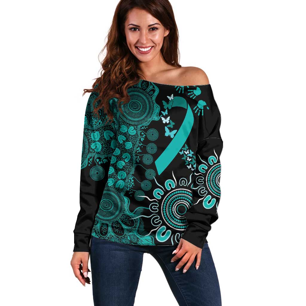 Ovarian Cancer Awareness Personalised Off Shoulder Sweater Aboriginal Ribbon Dot Painting
