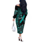 Ovarian Cancer Awareness Personalised Off The Shoulder Long Sleeve Dress Aboriginal Ribbon Dot Painting