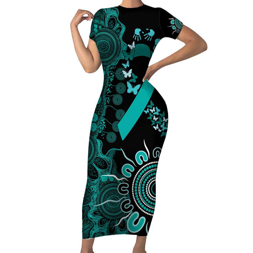 Ovarian Cancer Awareness Personalised Short Sleeve Bodycon Dress Aboriginal Ribbon Dot Painting