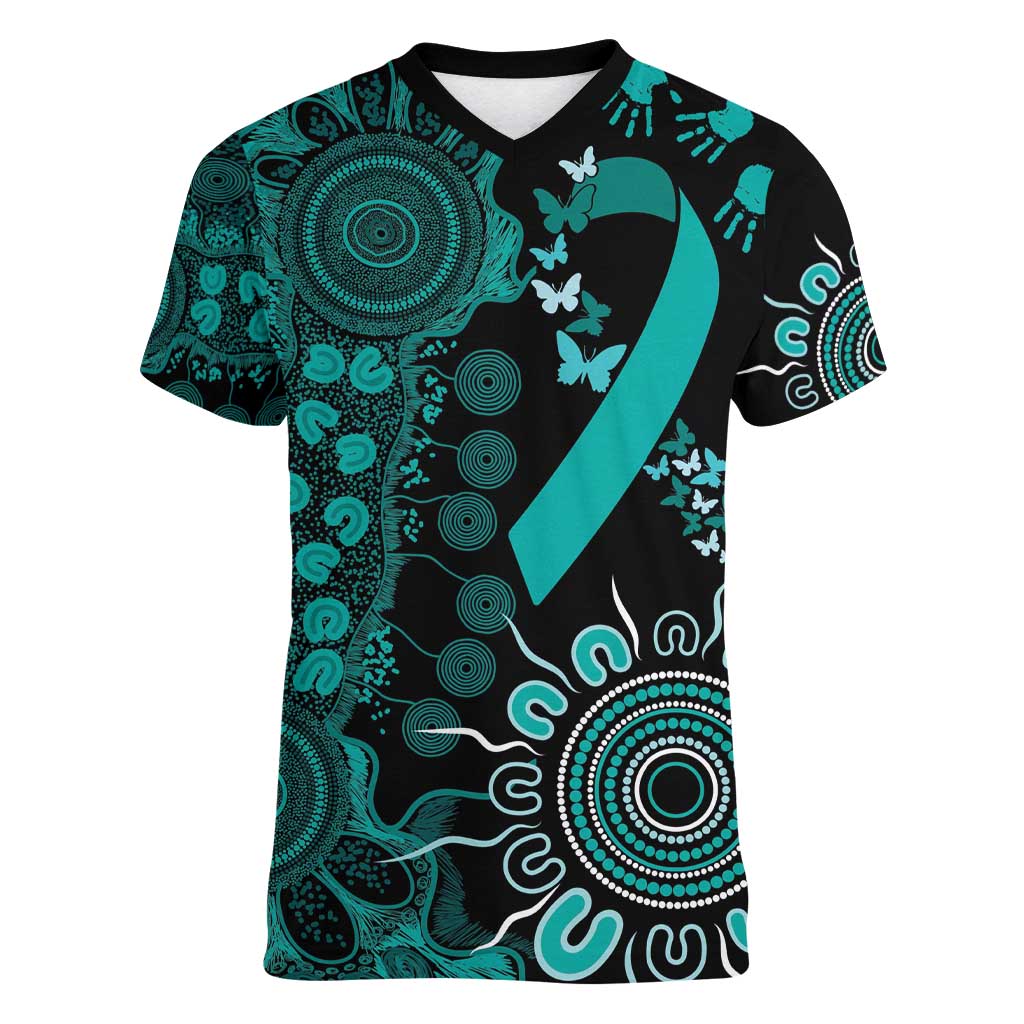 Ovarian Cancer Awareness Personalised Women V-Neck T-Shirt Aboriginal Ribbon Dot Painting