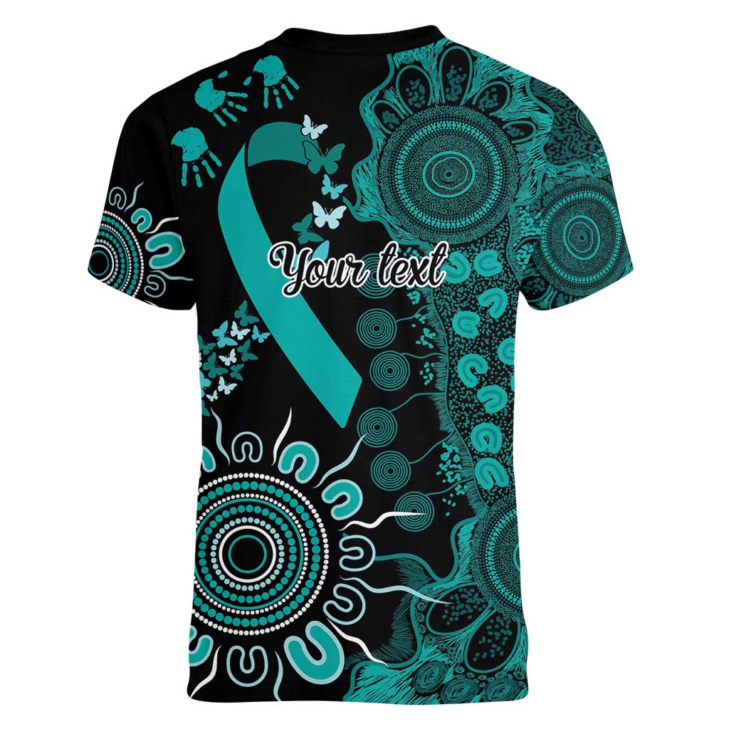 Ovarian Cancer Awareness Personalised Women V-Neck T-Shirt Aboriginal Ribbon Dot Painting