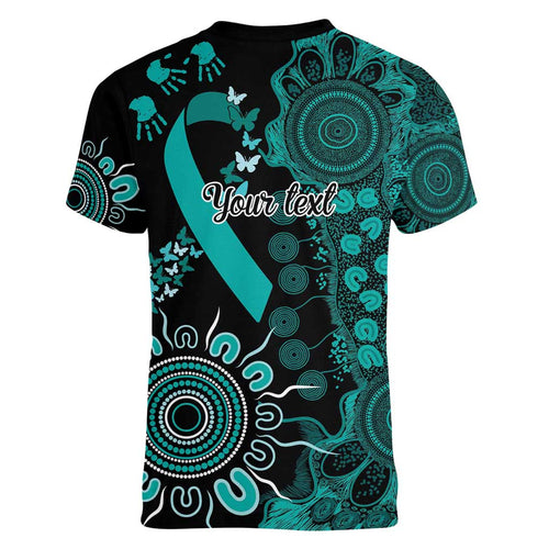 Ovarian Cancer Awareness Personalised Women V-Neck T-Shirt Aboriginal Ribbon Dot Painting