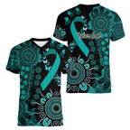 Ovarian Cancer Awareness Personalised Women V-Neck T-Shirt Aboriginal Ribbon Dot Painting