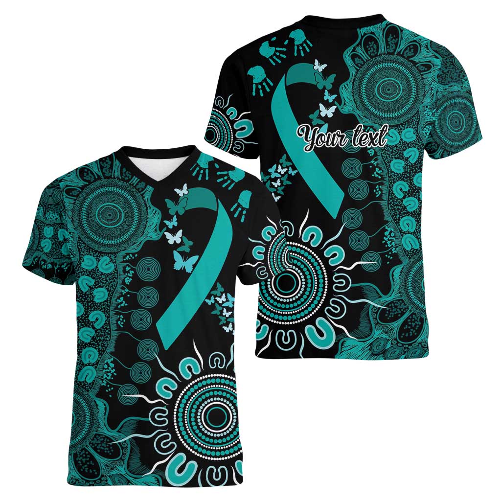 Ovarian Cancer Awareness Personalised Women V-Neck T-Shirt Aboriginal Ribbon Dot Painting