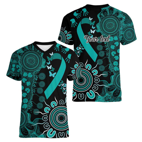 Ovarian Cancer Awareness Personalised Women V-Neck T-Shirt Aboriginal Ribbon Dot Painting
