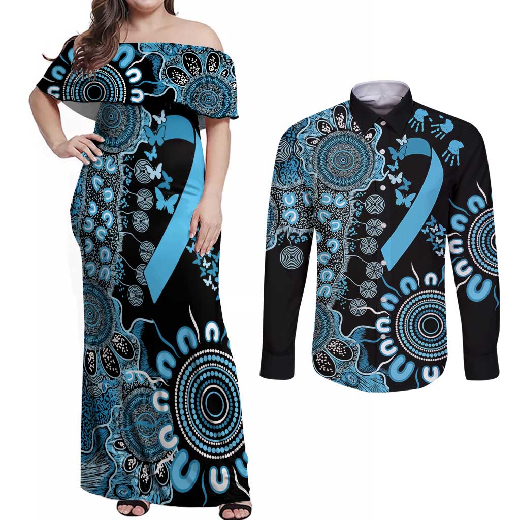 Prostate Cancer Awareness Personalised Couples Matching Off Shoulder Maxi Dress and Long Sleeve Button Shirt Aboriginal Ribbon Dot Painting