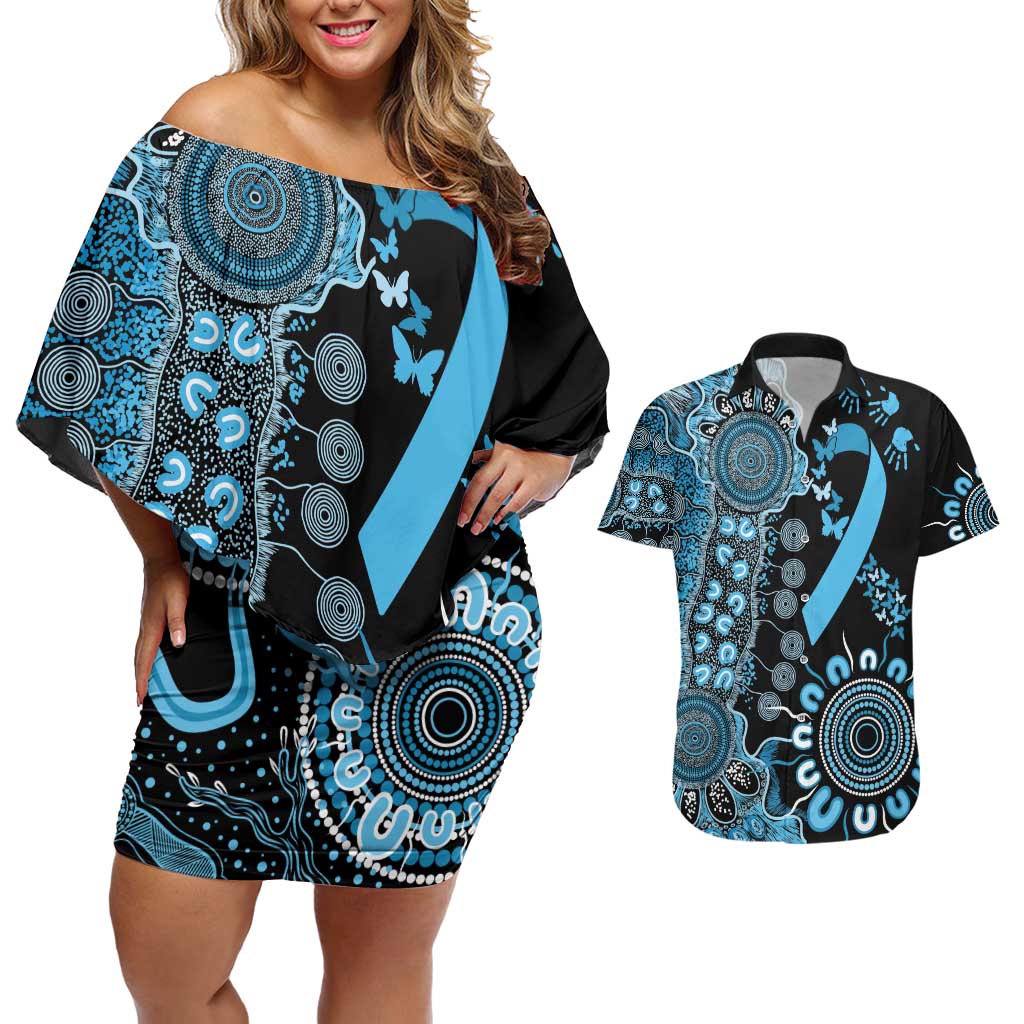 Prostate Cancer Awareness Personalised Couples Matching Off Shoulder Short Dress and Hawaiian Shirt Aboriginal Ribbon Dot Painting