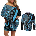 Prostate Cancer Awareness Personalised Couples Matching Off Shoulder Short Dress and Long Sleeve Button Shirt Aboriginal Ribbon Dot Painting