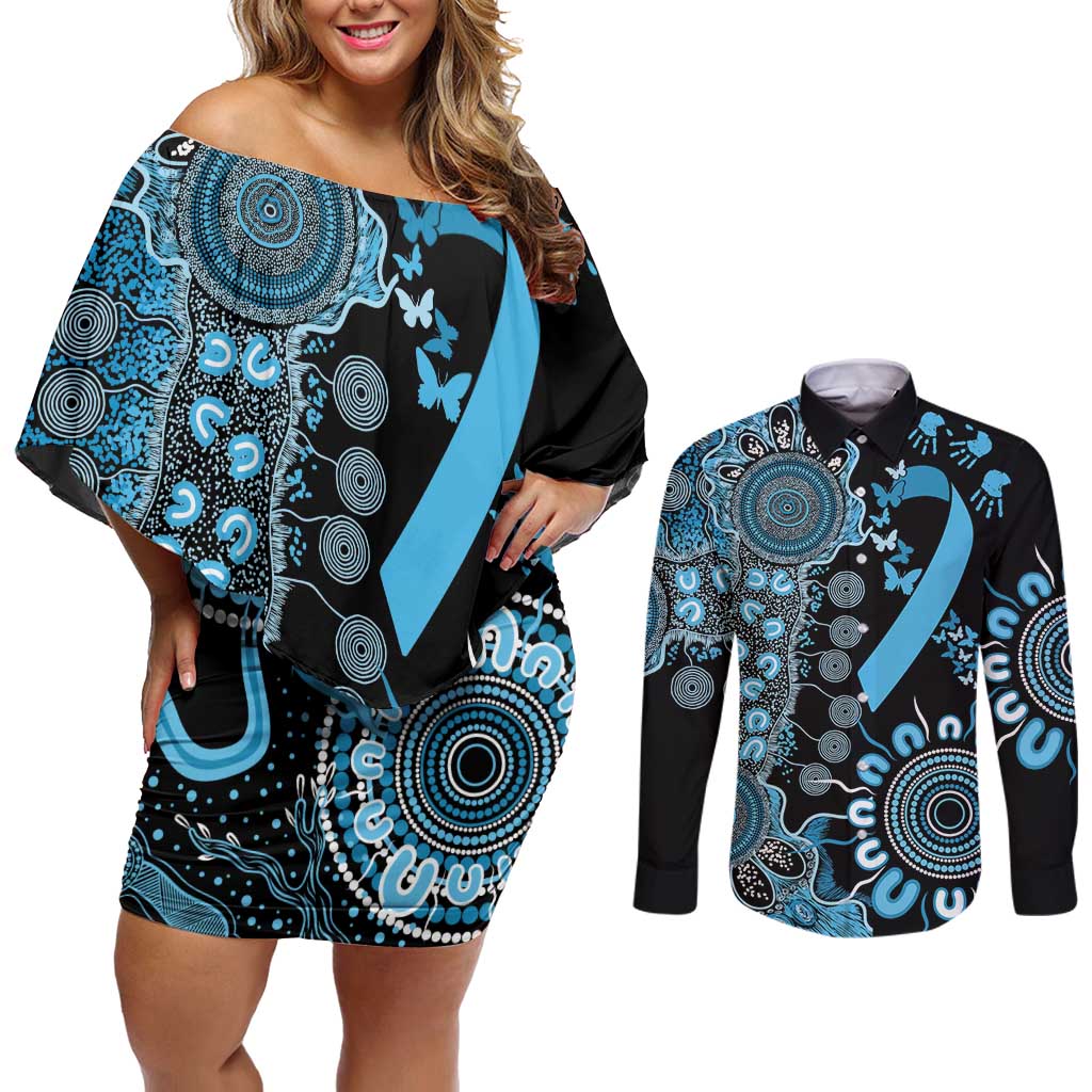Prostate Cancer Awareness Personalised Couples Matching Off Shoulder Short Dress and Long Sleeve Button Shirt Aboriginal Ribbon Dot Painting