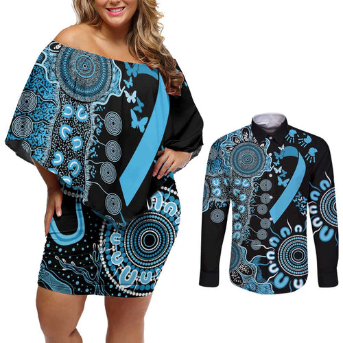 Prostate Cancer Awareness Personalised Couples Matching Off Shoulder Short Dress and Long Sleeve Button Shirt Aboriginal Ribbon Dot Painting