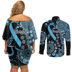 Prostate Cancer Awareness Personalised Couples Matching Off Shoulder Short Dress and Long Sleeve Button Shirt Aboriginal Ribbon Dot Painting