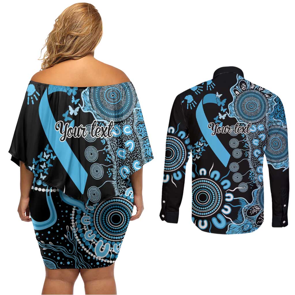 Prostate Cancer Awareness Personalised Couples Matching Off Shoulder Short Dress and Long Sleeve Button Shirt Aboriginal Ribbon Dot Painting