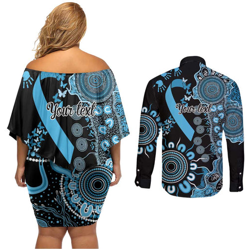Prostate Cancer Awareness Personalised Couples Matching Off Shoulder Short Dress and Long Sleeve Button Shirt Aboriginal Ribbon Dot Painting