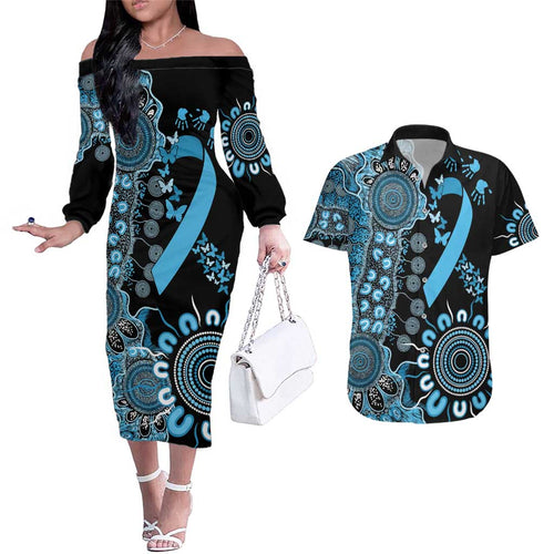 Prostate Cancer Awareness Personalised Couples Matching Off The Shoulder Long Sleeve Dress and Hawaiian Shirt Aboriginal Ribbon Dot Painting