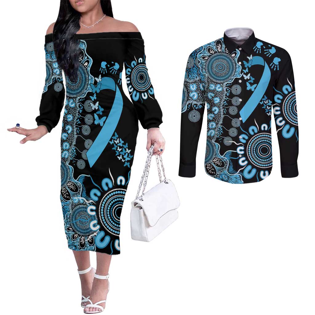 Prostate Cancer Awareness Personalised Couples Matching Off The Shoulder Long Sleeve Dress and Long Sleeve Button Shirt Aboriginal Ribbon Dot Painting