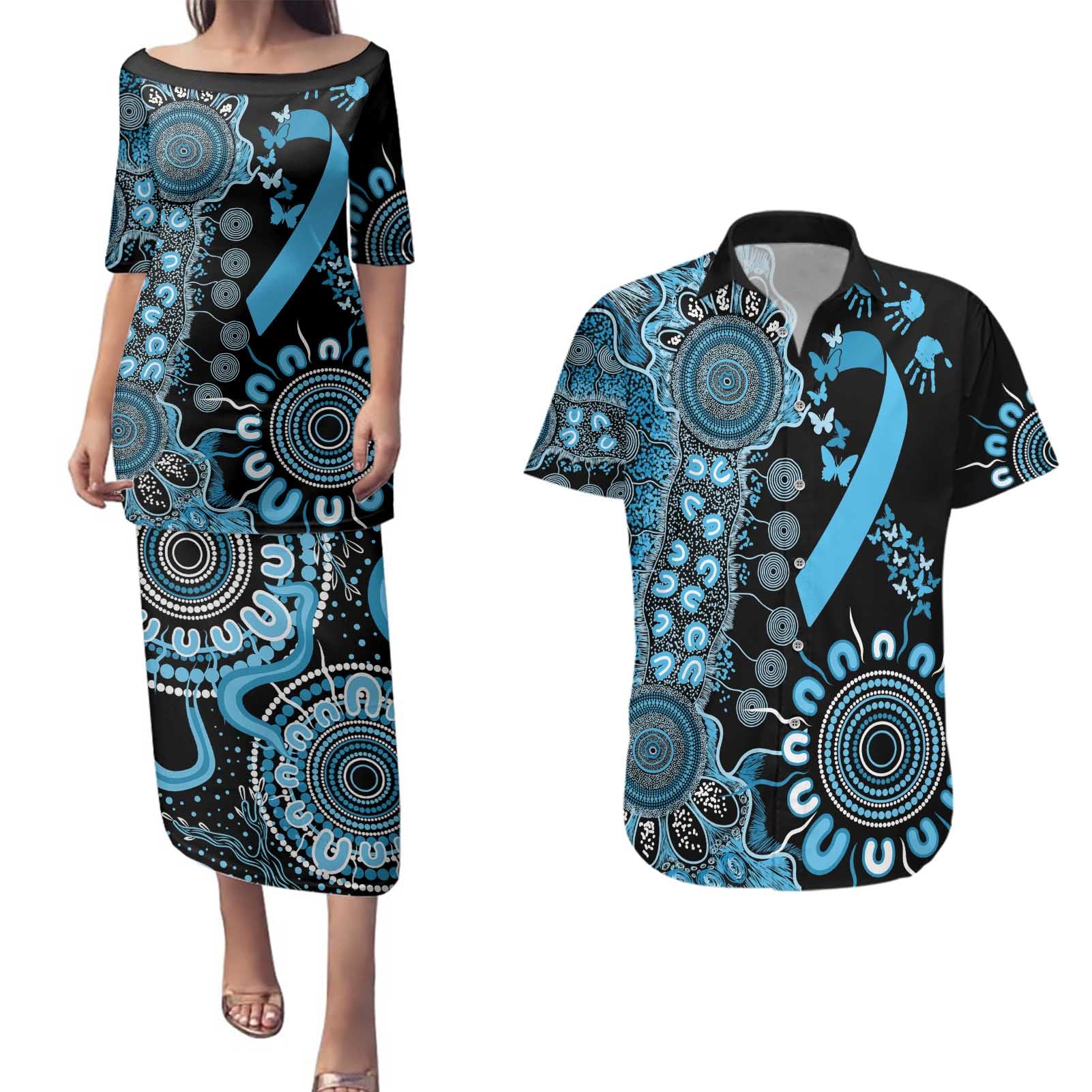 Prostate Cancer Awareness Personalised Couples Matching Puletasi and Hawaiian Shirt Aboriginal Ribbon Dot Painting