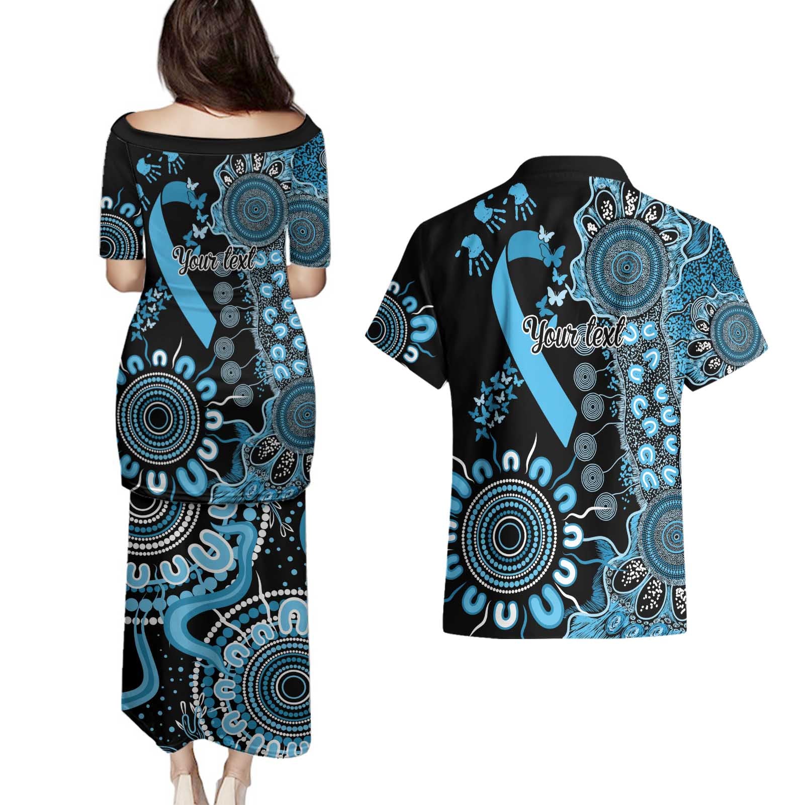 Prostate Cancer Awareness Personalised Couples Matching Puletasi and Hawaiian Shirt Aboriginal Ribbon Dot Painting