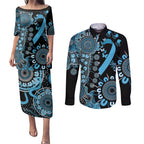 Prostate Cancer Awareness Personalised Couples Matching Puletasi and Long Sleeve Button Shirt Aboriginal Ribbon Dot Painting