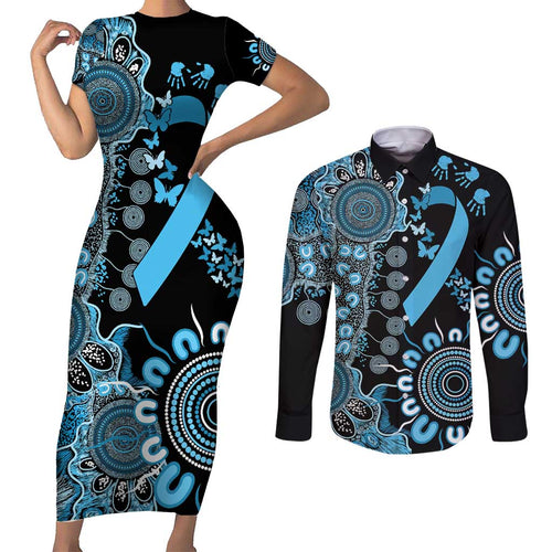 Prostate Cancer Awareness Personalised Couples Matching Short Sleeve Bodycon Dress and Long Sleeve Button Shirt Aboriginal Ribbon Dot Painting