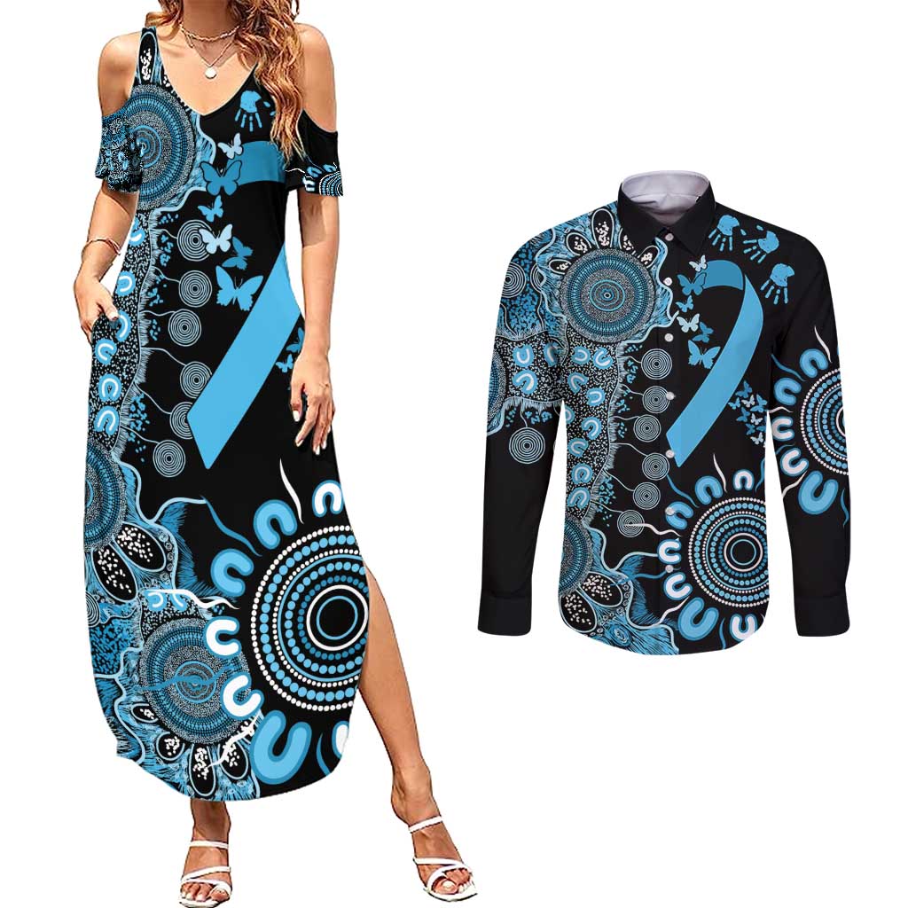 Prostate Cancer Awareness Personalised Couples Matching Summer Maxi Dress and Long Sleeve Button Shirt Aboriginal Ribbon Dot Painting