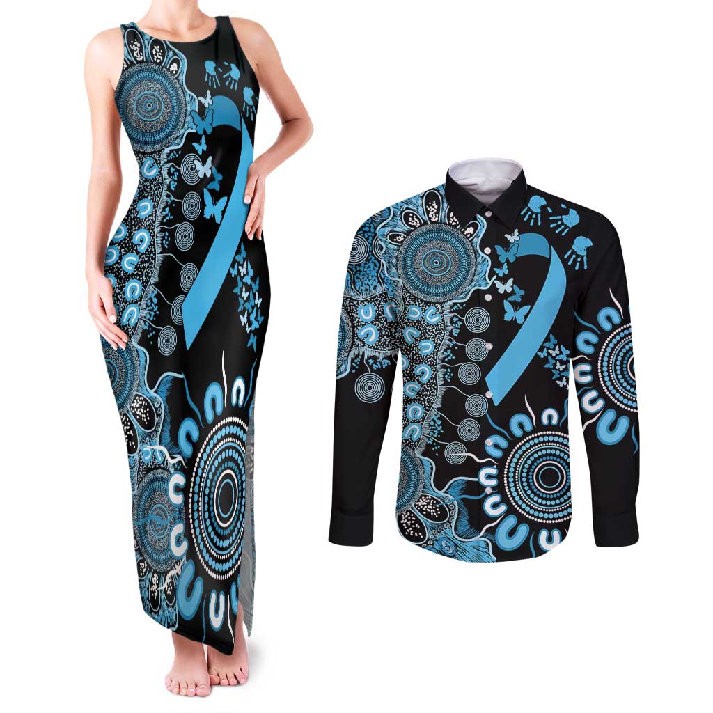Prostate Cancer Awareness Personalised Couples Matching Tank Maxi Dress and Long Sleeve Button Shirt Aboriginal Ribbon Dot Painting