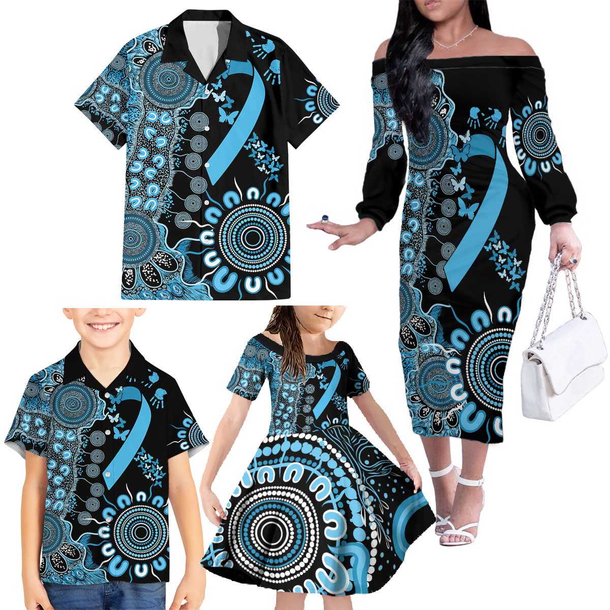 Prostate Cancer Awareness Personalised Family Matching Off The Shoulder Long Sleeve Dress and Hawaiian Shirt Aboriginal Ribbon Dot Painting